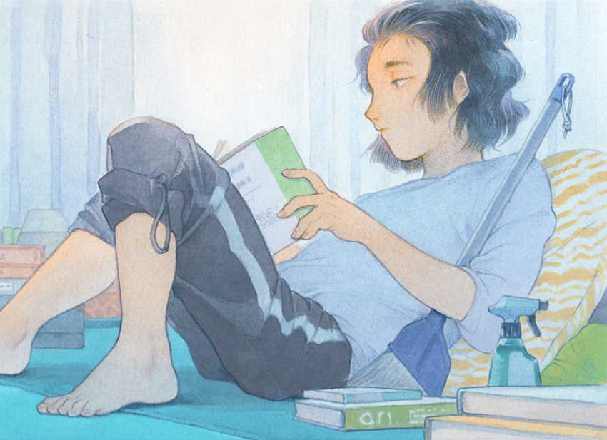 1girl, barefoot, black_hair, black_pants, book, bottle, broom, curtains