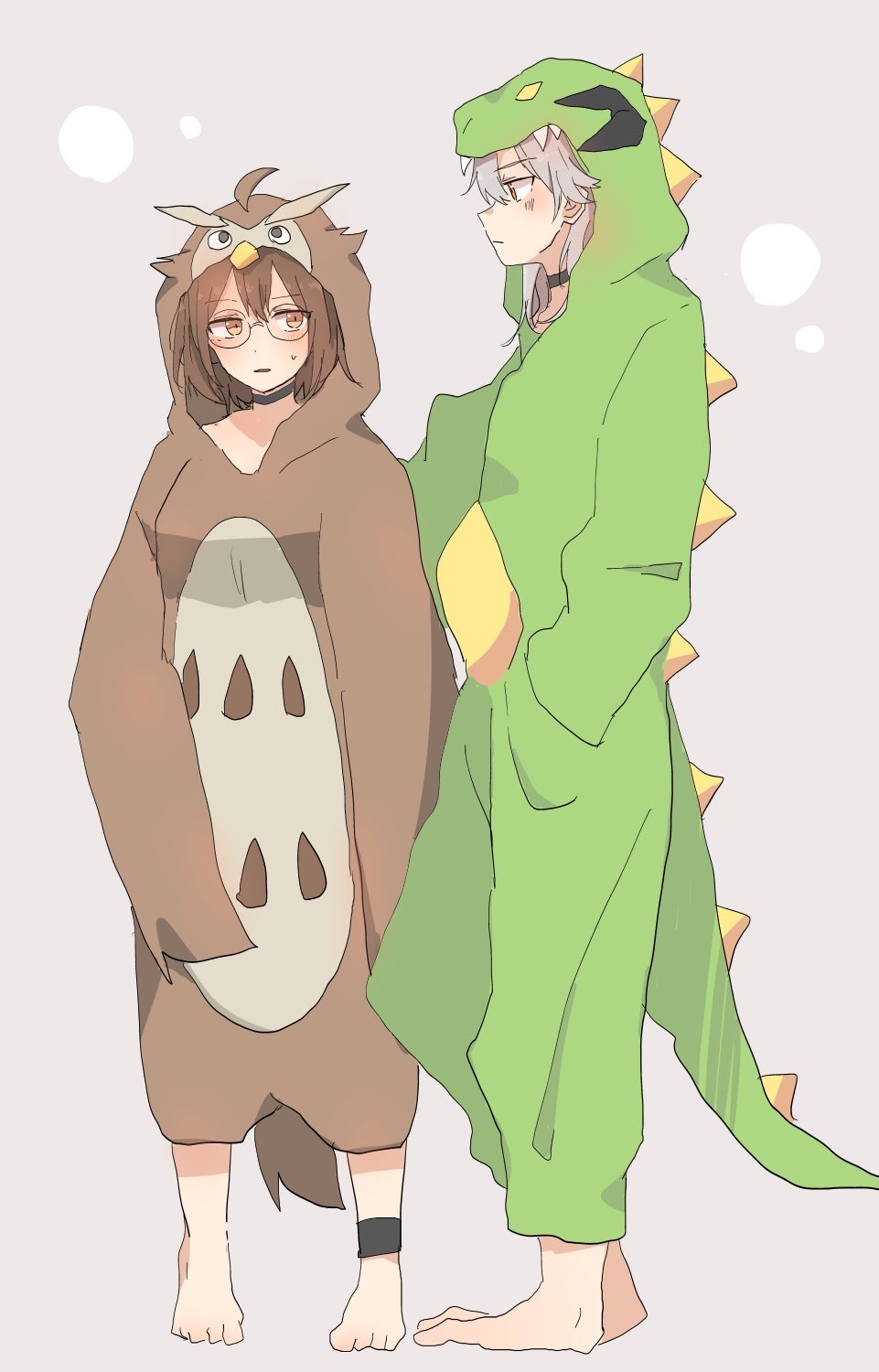 2girls, animal_costume, ankle_strap, arknights, atsuya, black_choker, brown_hair, choker