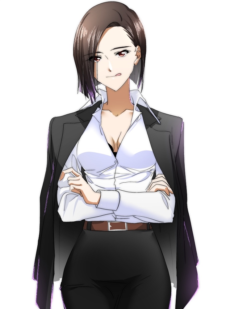 1girl, belt, belt_buckle, black_bra, black_hair, black_jacket, black_pants, bra