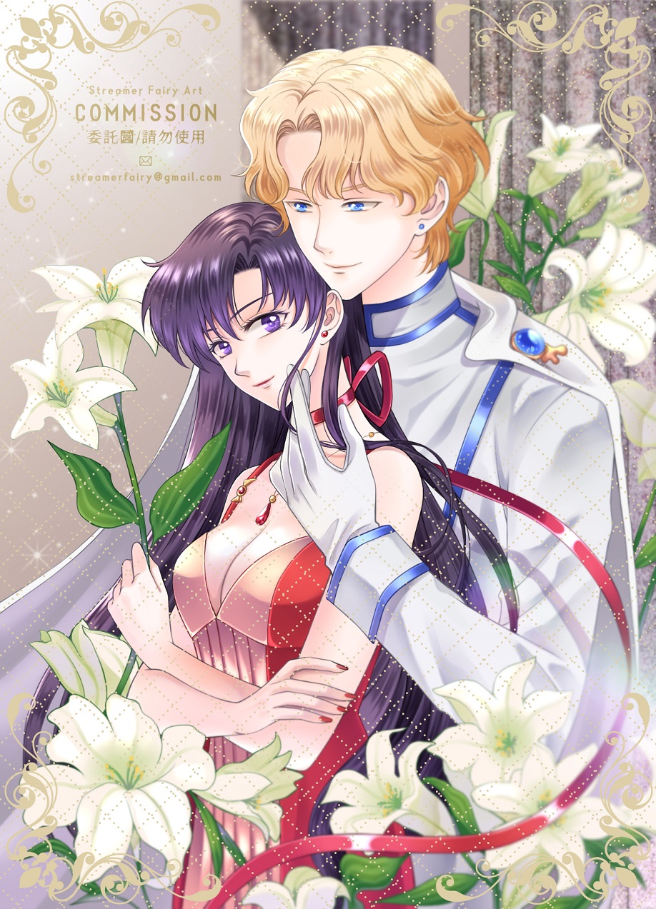 1boy, 1girl, aino_minako, bishoujo_senshi_sailor_moon, black_hair, blonde_hair, blue_eyes, cape, card_(medium), choker, closed_mouth, commission, couple, dress, earrings, flower, gloves, hetero, highres, holding, holding_flower, jadeite_(sailor_moon), jewelry, koya, lily_(flower), long_hair, nail_polish, red_nails, red_ribbon, ribbon, ribbon_choker, shiny, shiny_hair, short_hair, sleeveless, sleeveless_dress, smile, very_long_hair, violet_eyes, watermark, white_cape, white_flower, white_gloves