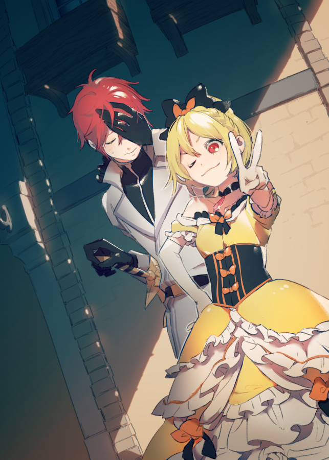 1boy, 1girl, ;3, asymmetrical_gloves, black_bow, black_choker, black_gloves, blonde_hair