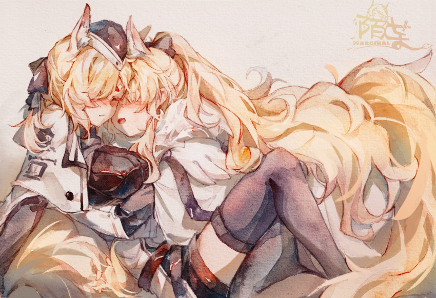 2girls, animal_ears, arknights, artist_name, aunt_and_niece, black_bow, black_headwear, black_legwear
