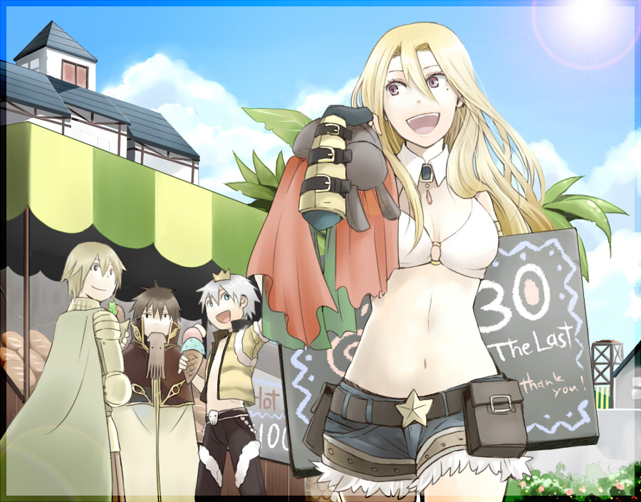 1girl, 3boys, :d, armor, bangs, belt, belt_buckle, black_belt