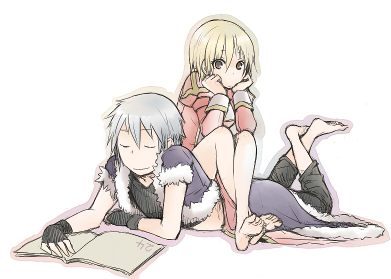 1boy, 1girl, bangs, barefoot, black_gloves, black_pants, black_shirt, blonde_hair