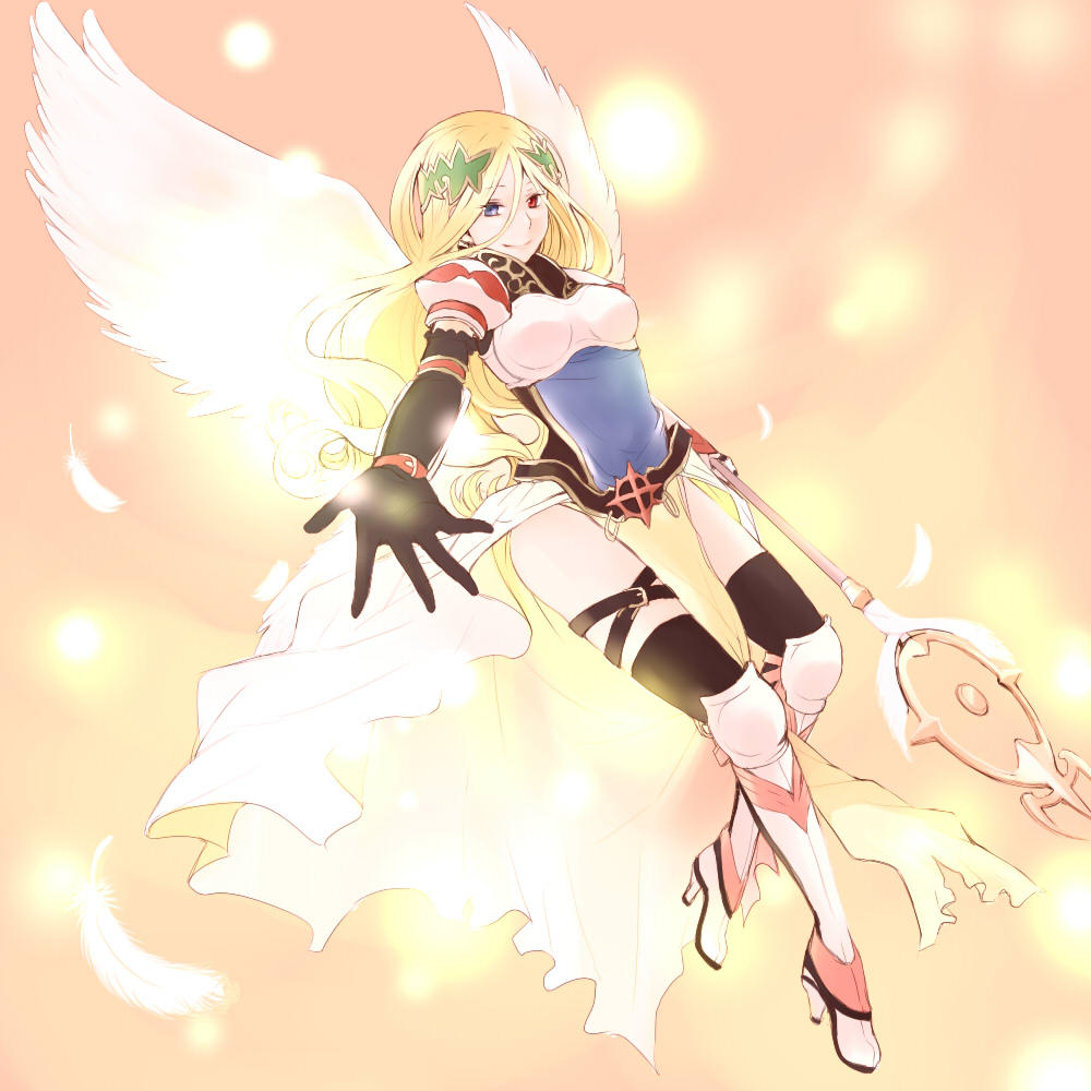 1girl, angel_wings, armor, armored_dress, bangs, black_gloves, black_legwear, blonde_hair