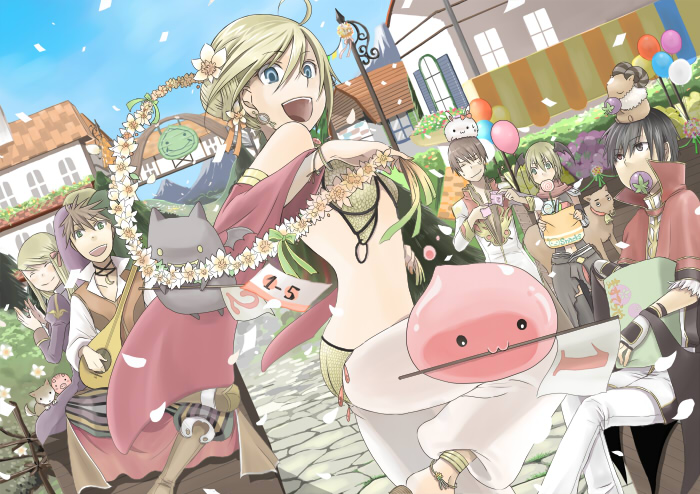 3boys, 3girls, assassin_cross_(ragnarok_online), bangs, baphomet_jr, bikini, black_cape, black_coat, black_gloves, black_hair, black_legwear, black_shirt, black_wings, blonde_hair, blue_eyes, blue_sky, boots, brown_cape, brown_eyes, brown_footwear, brown_hair, brown_pants, brown_vest, cape, capelet, closed_eyes, closed_mouth, coat, cobblestone, commentary_request, confetti, day, demon, desert_wolf_(ragnarok_online), detached_sleeves, deviruchi, dog, double_bun, dress, elbow_gloves, feet_out_of_frame, fingerless_gloves, flower, fur-trimmed_capelet, fur_trim, gauntlets, gloves, green_eyes, gypsy_(ragnarok_online), high_collar, high_priest_(ragnarok_online), high_wizard_(ragnarok_online), holding, holding_instrument, house, instrument, juliet_sleeves, kneehighs, layered_clothing, long_hair, long_sleeves, looking_at_viewer, lute_(instrument), minstrel_(ragnarok_online), mountain, multiple_boys, multiple_girls, navel, negi_mugiya, number, open_mouth, outdoors, pantaloons, pants, pig, poring, priest_(ragnarok_online), puffy_sleeves, purple_dress, ragnarok_online, red_cape, red_capelet, red_scarf, red_sleeves, sandals, savage_babe, scarf, sequins, shirt, short_hair, sky, smile, spiky_hair, strapless, strapless_bikini, swimsuit, torn_cape, torn_clothes, two-sided_cape, two-sided_fabric, vest, waist_cape, white_coat, white_flower, white_gloves, white_pants, white_shirt, wings, wolf, yellow_bikini