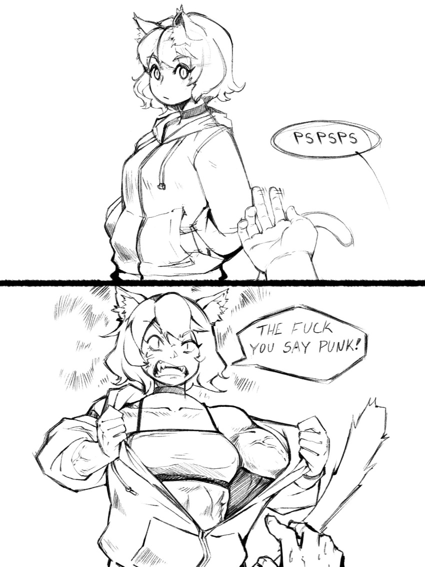 1girl, 1other, anger_vein, angry, animal_ears, cat_ears, cat_girl, cat_tail, choker, closed_mouth, collarbone, english_commentary, english_text, eyebrows_visible_through_hair, fangs, greyscale, hand_in_pocket, highres, hood, hood_down, hoodie, long_sleeves, looking_at_viewer, monochrome, muscular, muscular_female, original, removing_jacket, scribblesquab, short_hair, sketch, slit_pupils, solo_focus, speech_bubble, sports_bra, sweat, tail, toned, veins