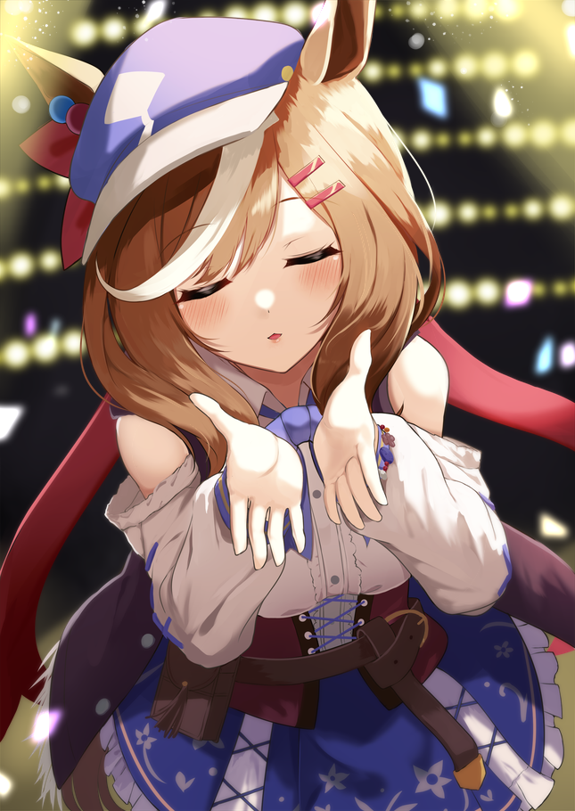 1girl, animal_ears, bare_shoulders, blue_skirt, brown_hair, cabbie_hat, closed_eyes, corset
