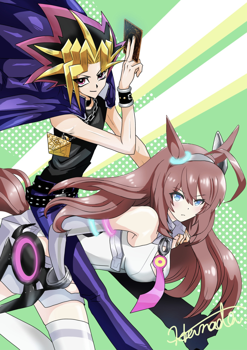 crossover, duo, hanada, long_hair, mihono_bourbon_(umamusume), millennium_puzzle, multicolored_hair, spiky_hair