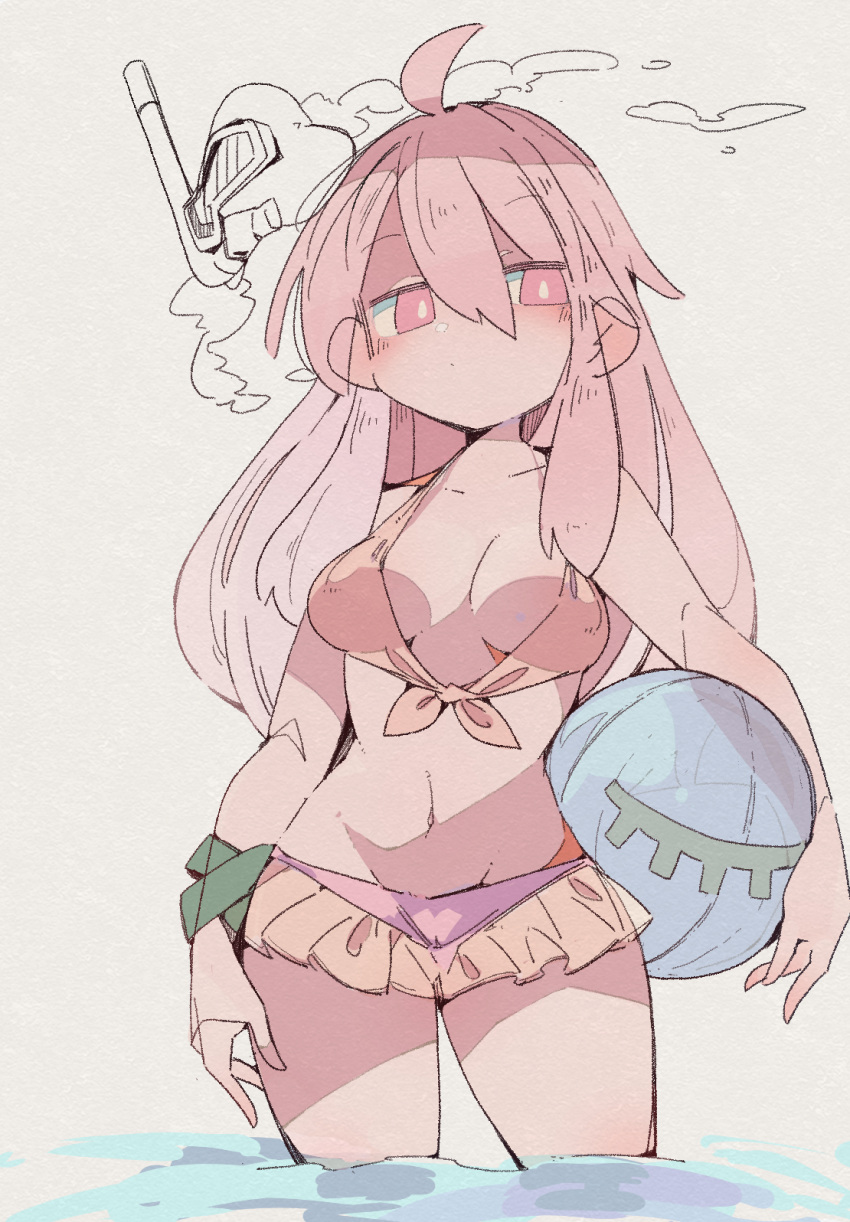 1girl, ahoge, balloon, bangs, bikini, bright_pupils, closed_mouth, cowboy_shot