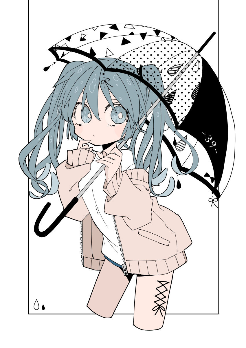 1girl, 39, absurdres, beige_cardigan, bent_over, big_eyes, black_ribbon, blue_eyes