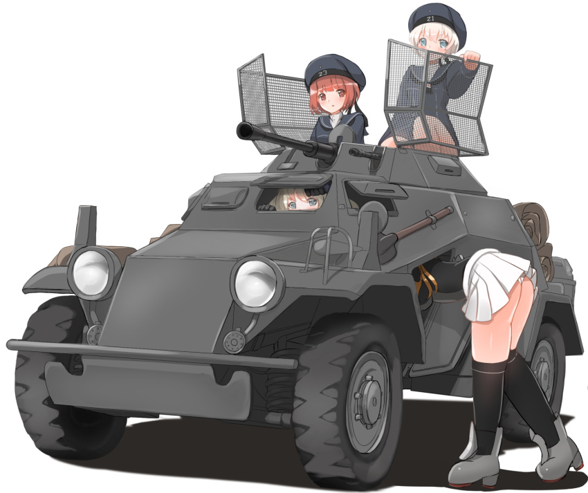 4girls, armored_car, armored_vehicle, blonde_hair, blue_eyes, blue_headwear, brown_eyes, brown_hair