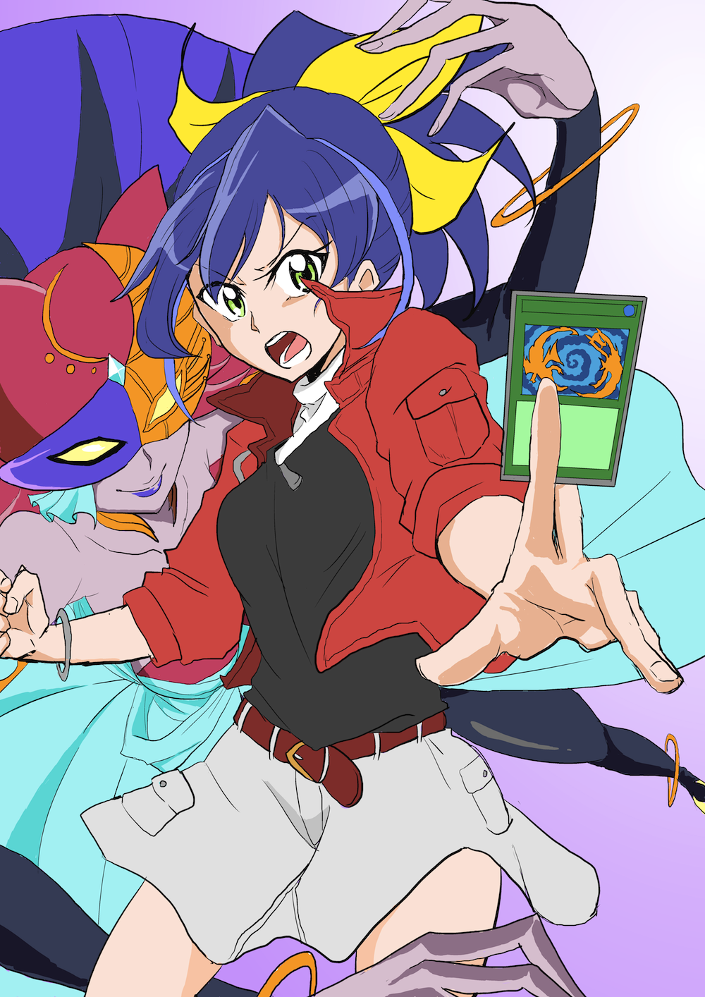2girls, belt, blue_hair, bracelet, high_ponytail, jacket, lunalight_cat_dancer, multicolored_hair