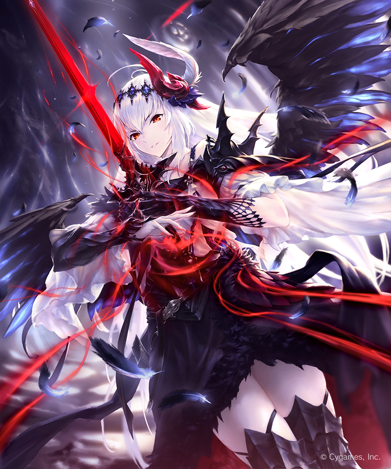 1girl, armor, bangs, cygames, dark_jeanne, feathers, hair_feathers, hair_ornament