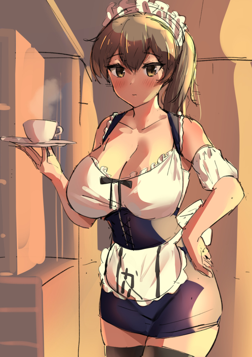 1girl, alternate_costume, apron, blouse, breasts, brown_eyes, brown_hair, commentary_request, cup, enmaided, frilled_blouse, hand_on_hip, highres, kaga_(kancolle), kantai_collection, large_breasts, long_hair, maid, miniskirt, osananajimi_neko, saucer, side_ponytail, skirt, solo, teacup, waist_apron, waitress, white_apron, white_blouse, work_in_progress