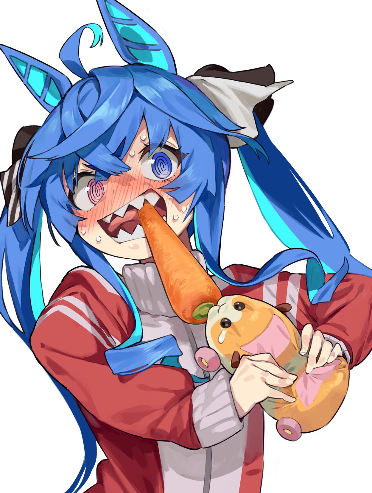 1girl, @_@, animal_ears, blue_eyes, blue_hair, carrot, commentary_request, guinea_pig