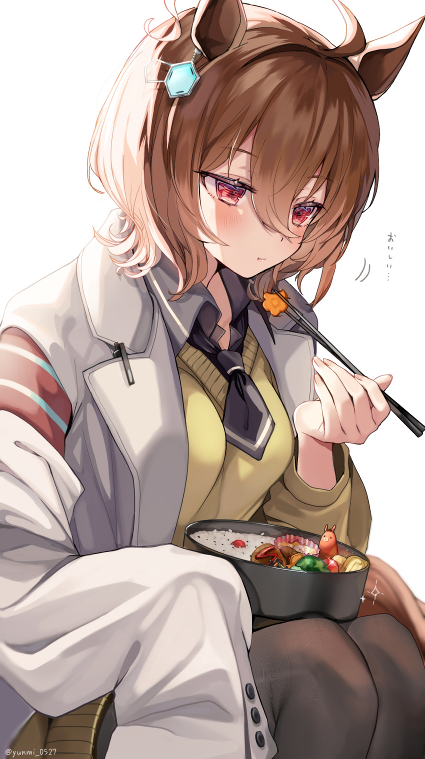1girl, absurdres, agnes_tachyon_(umamusume), ahoge, animal_ears, armband, bangs, black_legwear