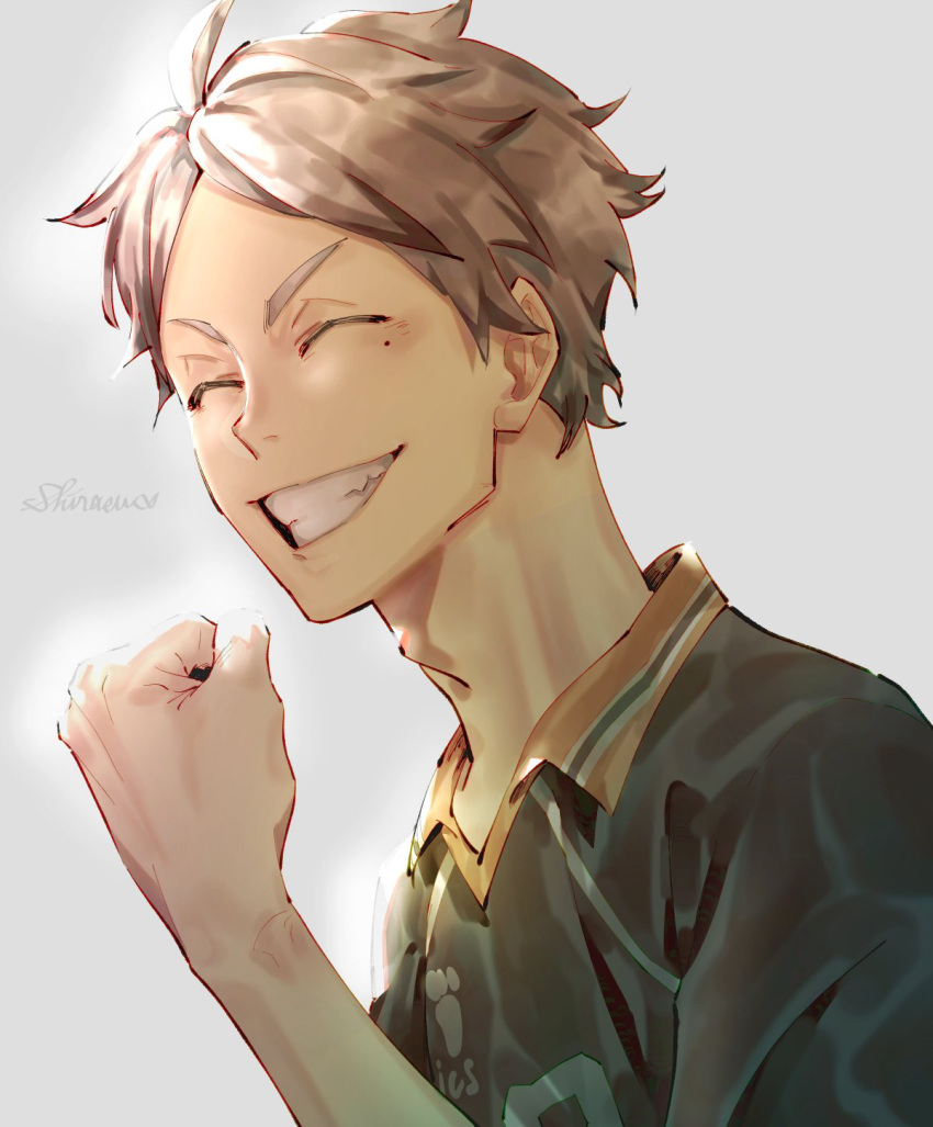 1boy, bangs, clenched_hand, grey_hair, grin, haikyuu!!, highres, male_focus, mole, mole_under_eye, shiraumi8351, short_hair, signature, simple_background, smile, solo, sportswear, sugawara_koushi, teeth, upper_body, volleyball_uniform