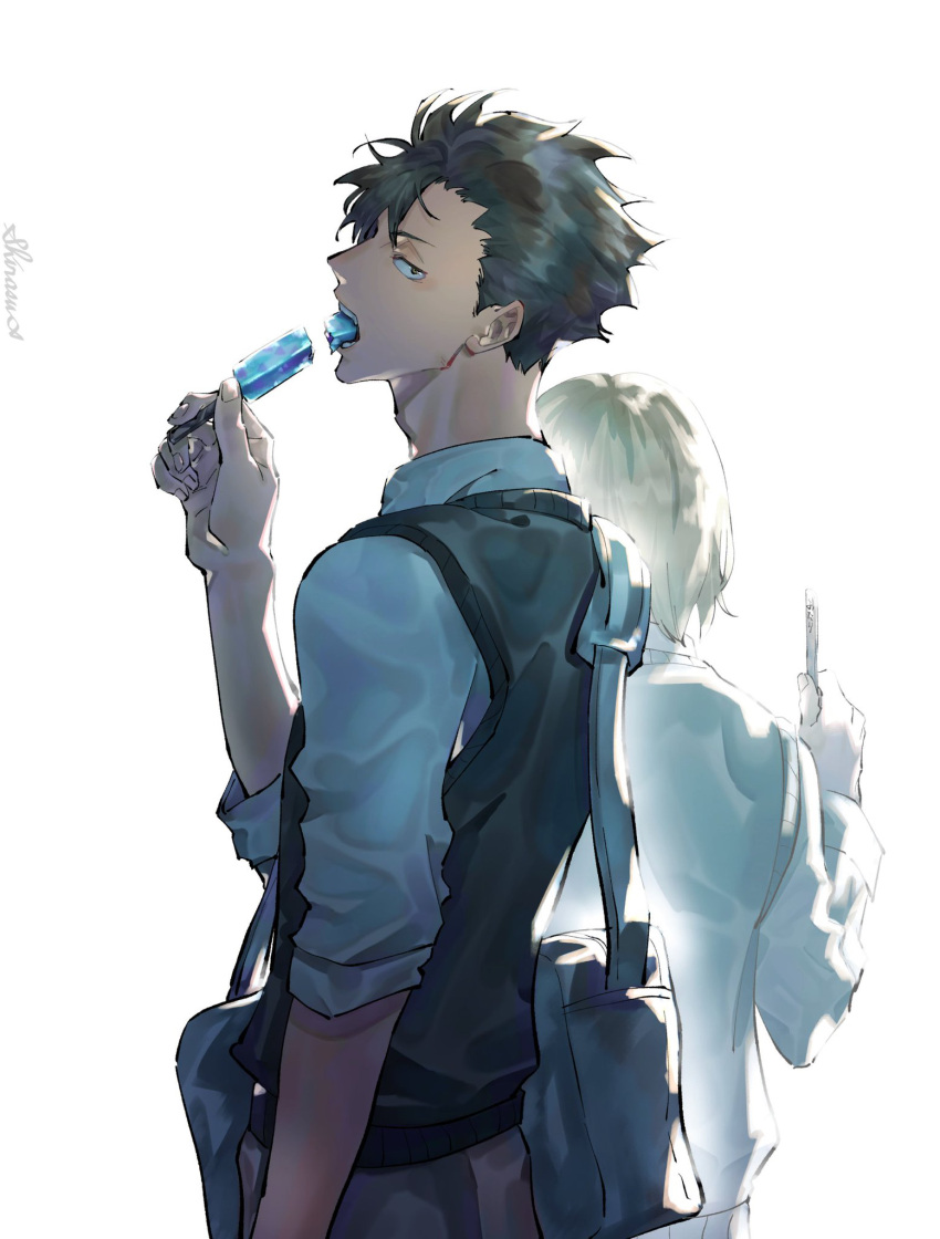 2boys, bag, bangs, black_hair, food, haikyuu!!, highres, holding, holding_food, kozume_kenma, kuroo_tetsurou, looking_at_viewer, multiple_boys, open_mouth, popsicle, profile, shiraumi8351, simple_background, solo_focus, teeth_hold, vest, white_background