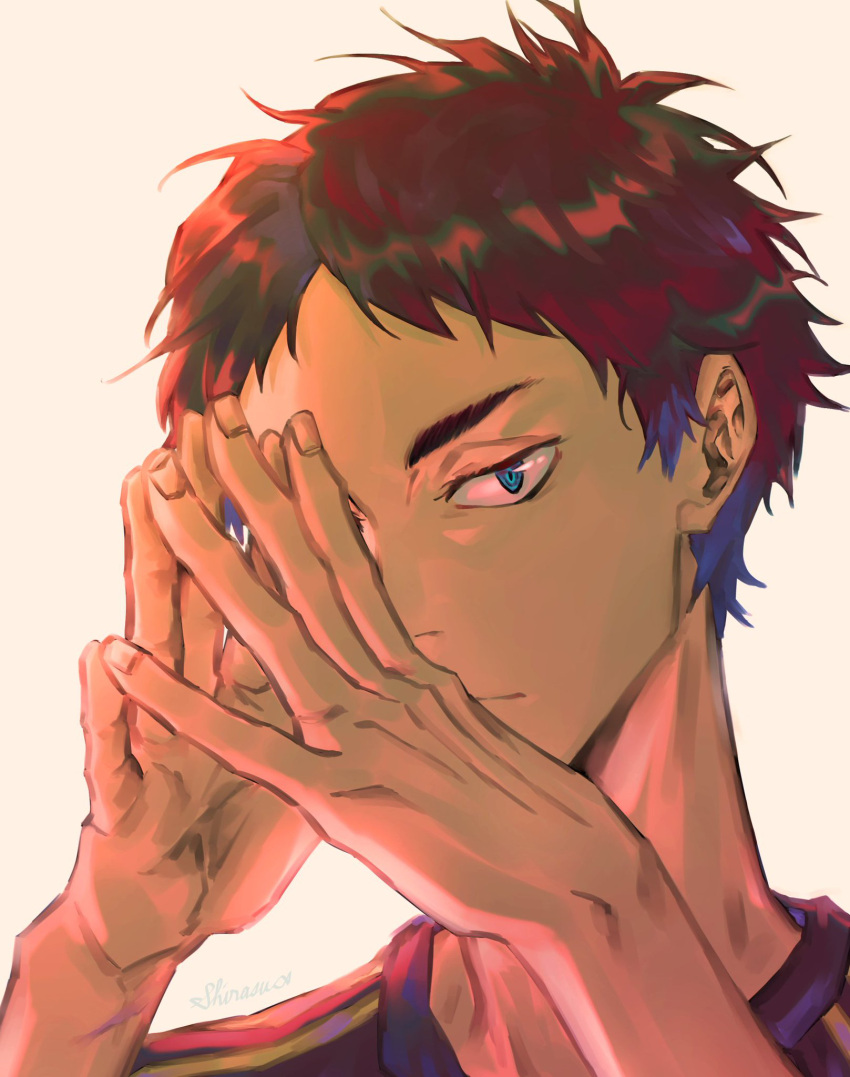 1boy, akaashi_keiji, bangs, black_hair, blue_eyes, covered_face, fingers_together, haikyuu!!