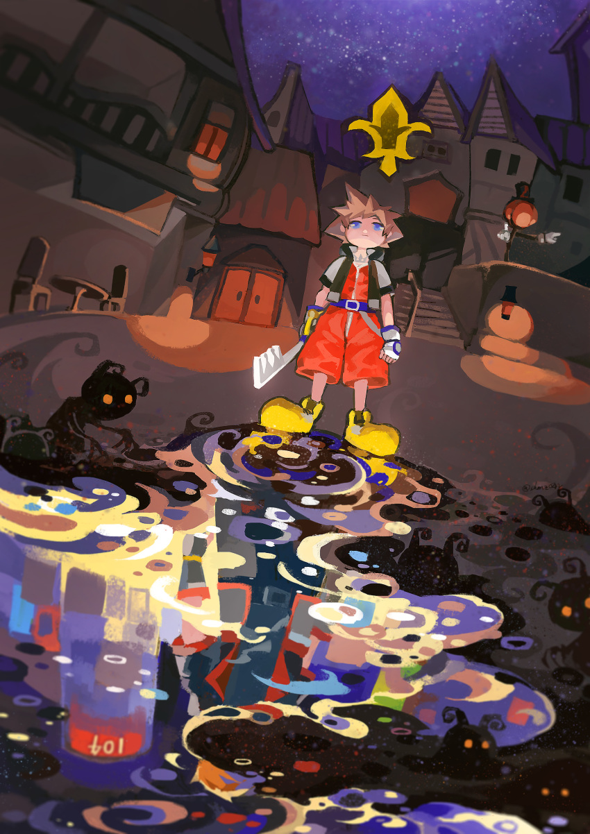 1boy, absurdres, artist_name, belt, blue_eyes, chair, door, fingerless_gloves