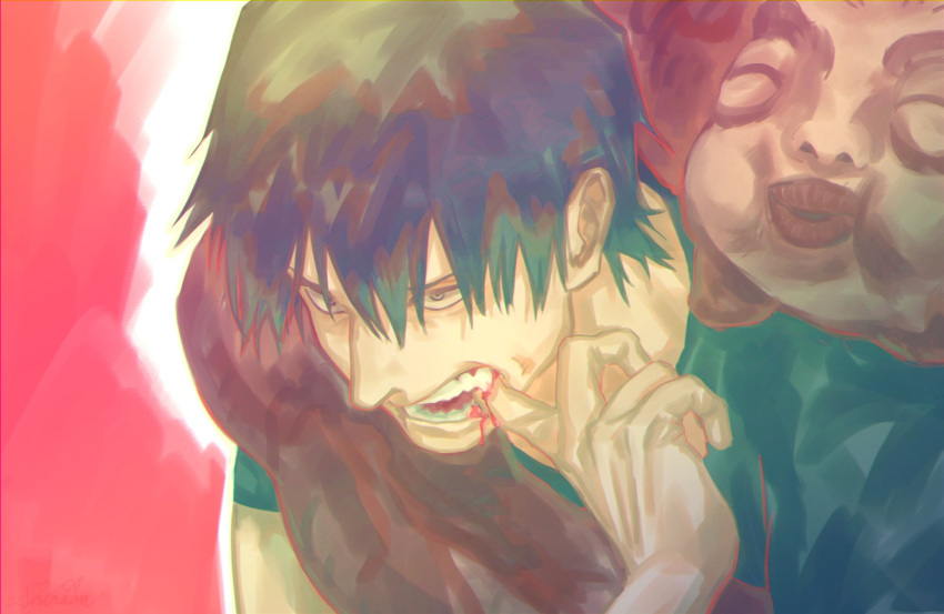 1boy, bangs, black_hair, blood, finger_in_mouth, fushiguro_touji, hair_between_eyes, highres