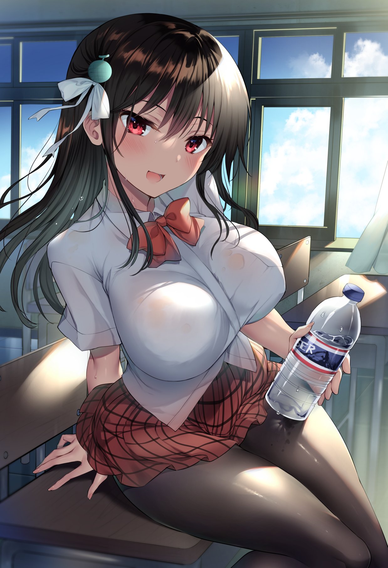 1girl, :d, bangs, black_hair, black_legwear, blue_sky, blush, bottle