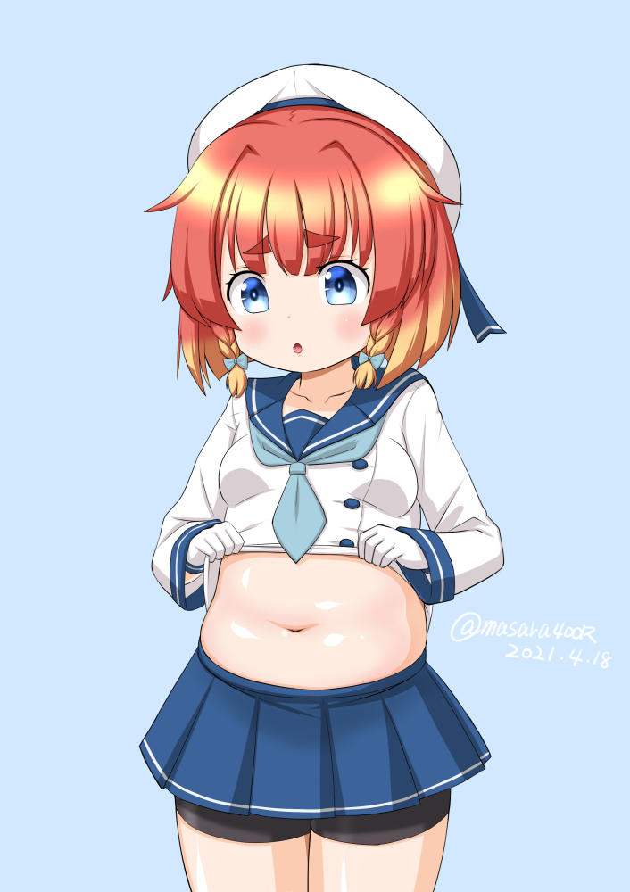 1girl, bike_shorts, blonde_hair, blue_background, blue_neckwear, blue_ribbon, blue_sailor_collar, blue_skirt
