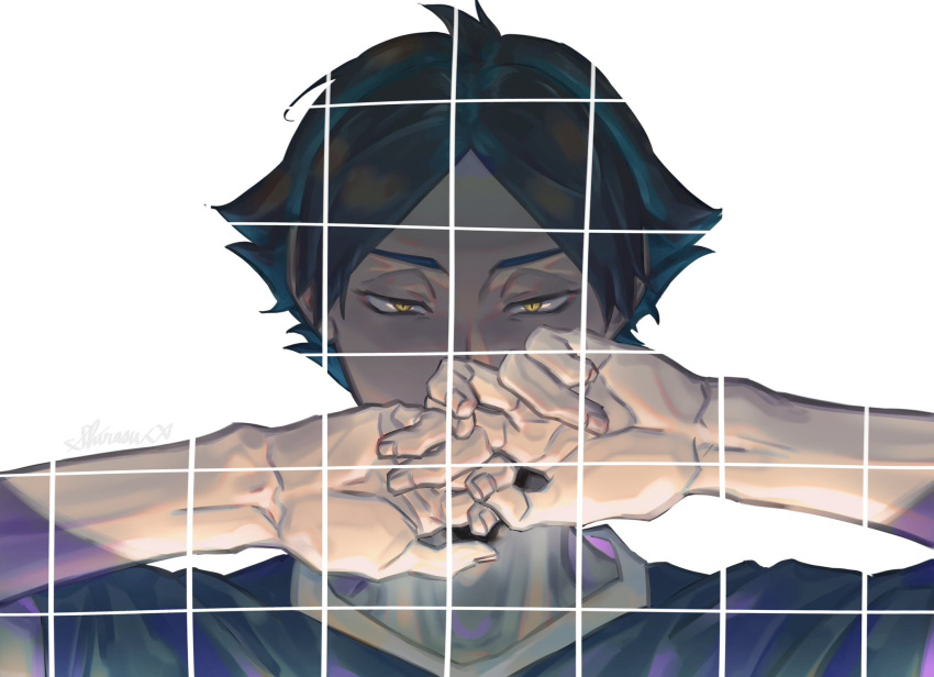 1boy, bangs, black_hair, covered_mouth, haikyuu!!, highres, looking_at_viewer, male_focus