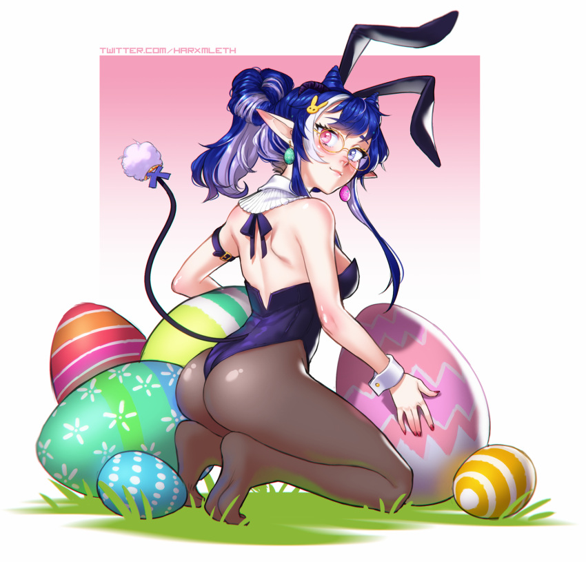 1girl, ass, back, black_leotard, blue_eyes, blue_hair, blush, borrowed_character