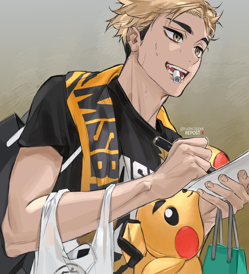 1boy, animal_costume, bag, bangs, blonde_hair, brown_eyes, haikyuu!!, highres