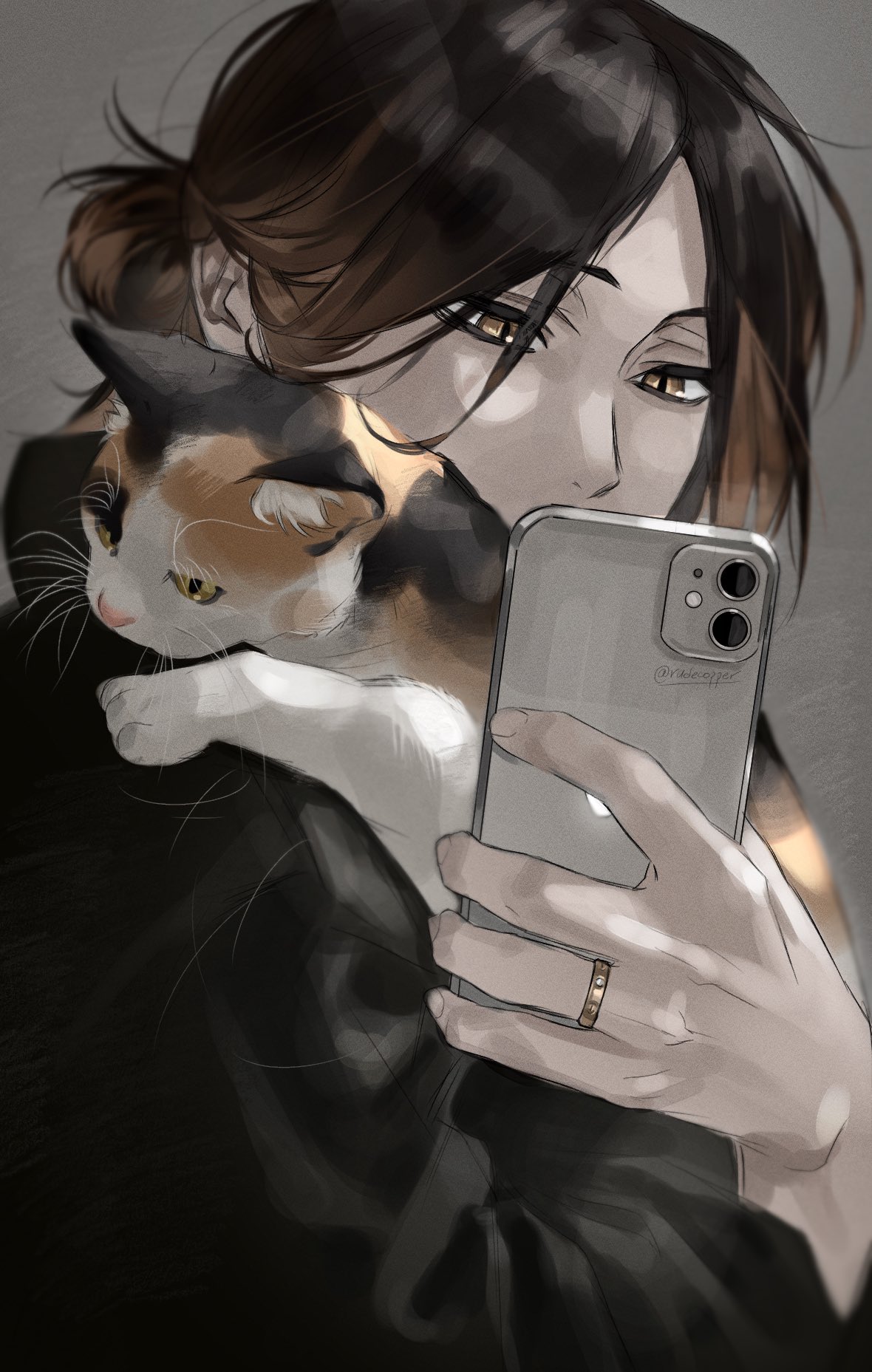 1boy, bangs, brown_eyes, brown_hair, cat, cellphone, covering_mouth, gradient_hair