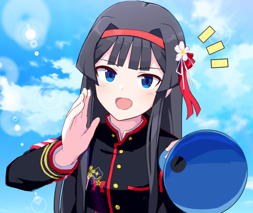 1girl, ^^^, black_hair, blue_eyes, clouds, cloudy_sky, flower, gakuran