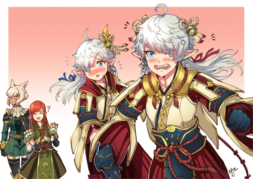 1boy, 3girls, ?, absurdres, ahoge, alisaie_leveilleur, alphinaud_leveilleur, anger_vein