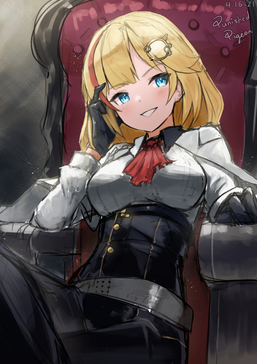 1girl, absurdres, artist_name, blonde_hair, blue_eyes, breasts, chair, dated