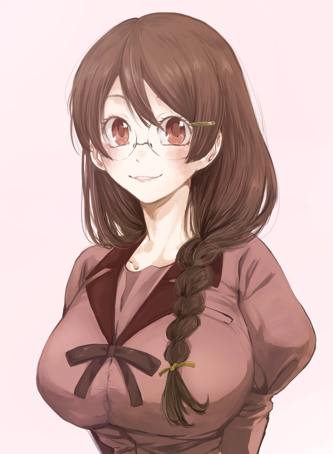 1girl, arms_behind_back, bakemonogatari, blush, braid, breasts, hanekawa_tsubasa, highres