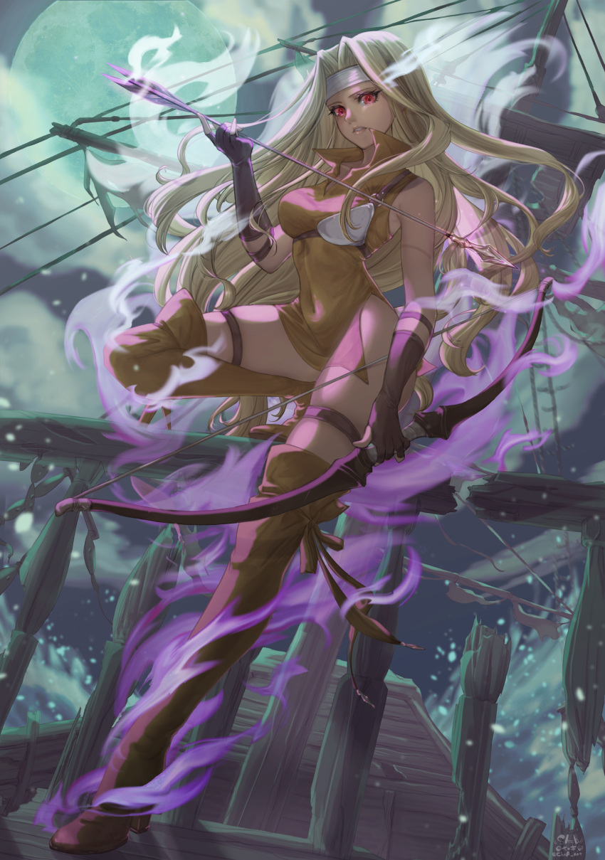1girl, absurdres, armor, arrow_(projectile), aura, bangs, blonde_hair, boots