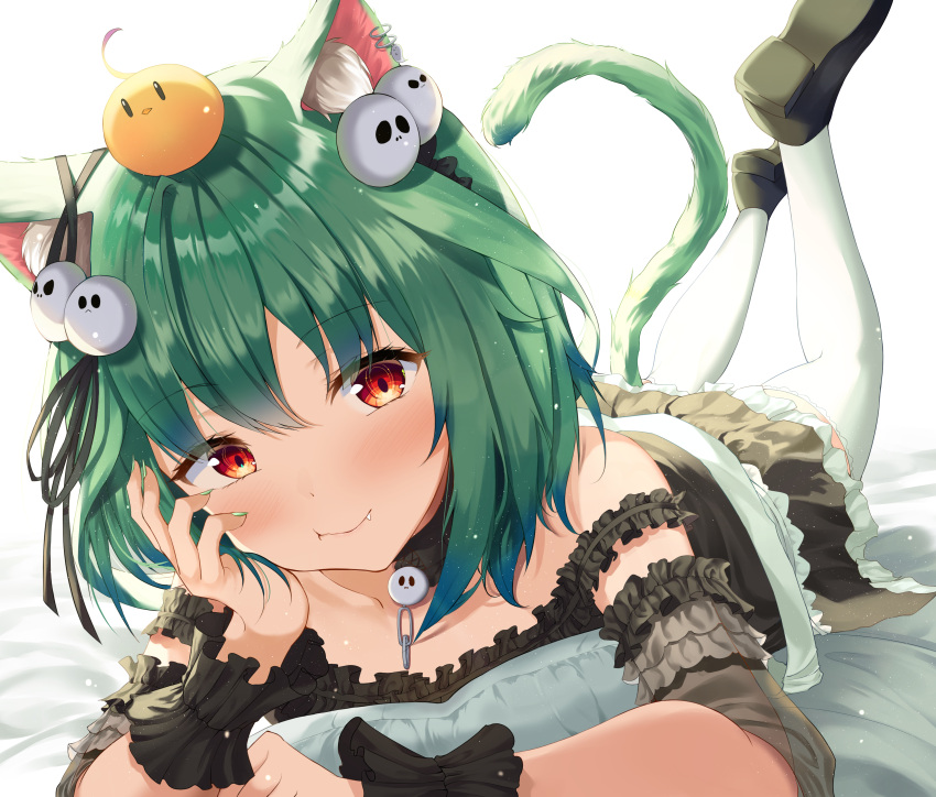 1girl, :t, absurdres, animal_ears, bangs, bed_sheet, bird, blush