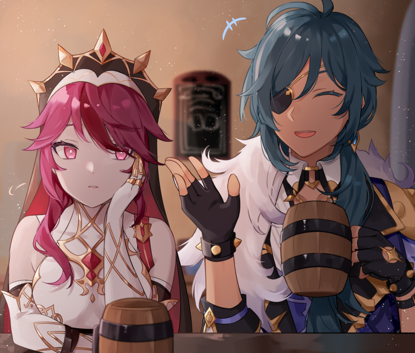 1boy, 1girl, alcohol, bare_shoulders, beer_mug, black_gloves, blue_hair, closed_eyes