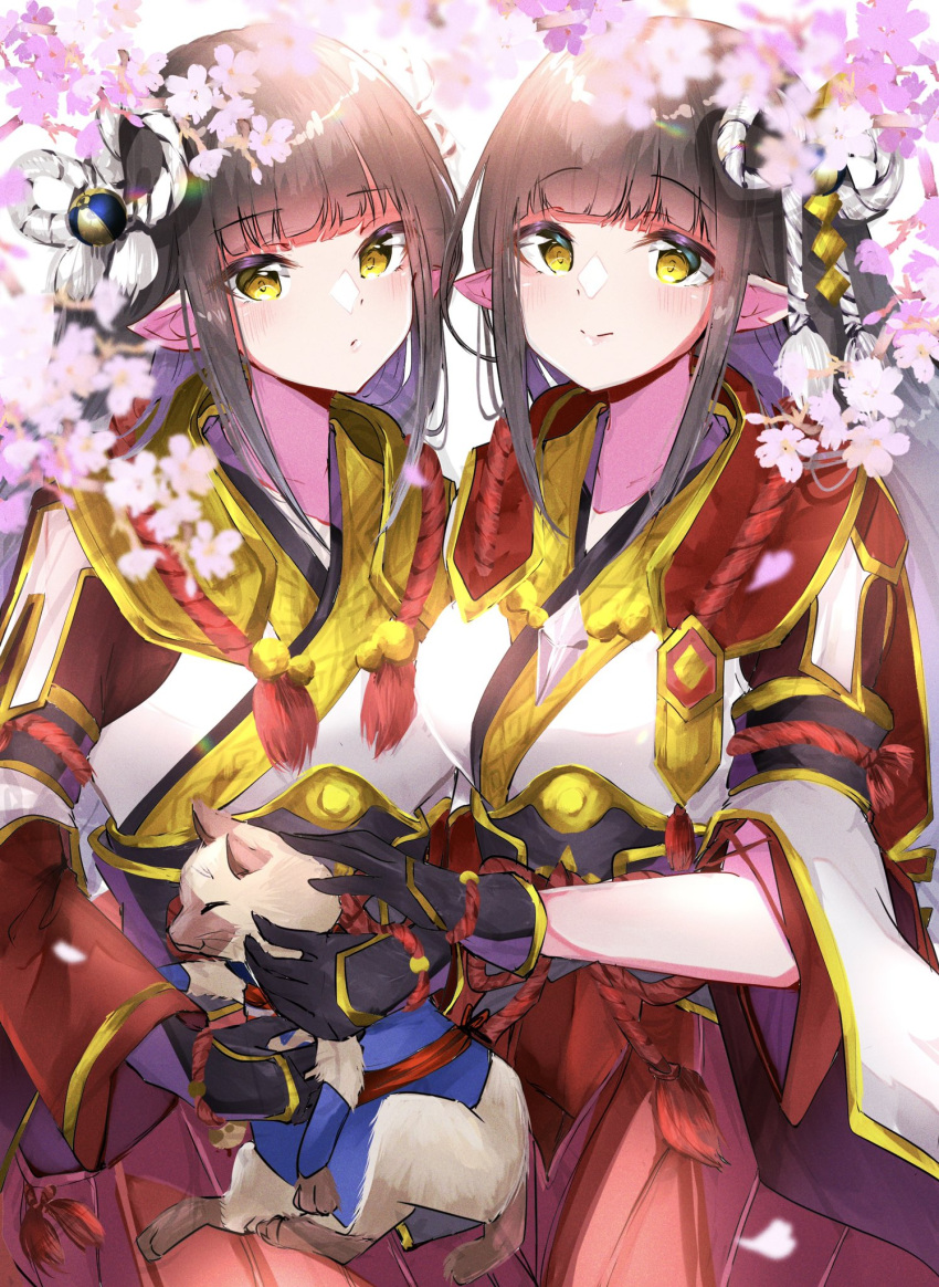 2girls, bangs, black_hair, blunt_bangs, blush, breasts, eyebrows_visible_through_hair, fewer_digits