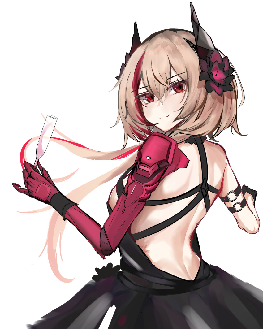 1girl, absurdres, back, bangs, black_dress, blonde_hair, closed_mouth, cup