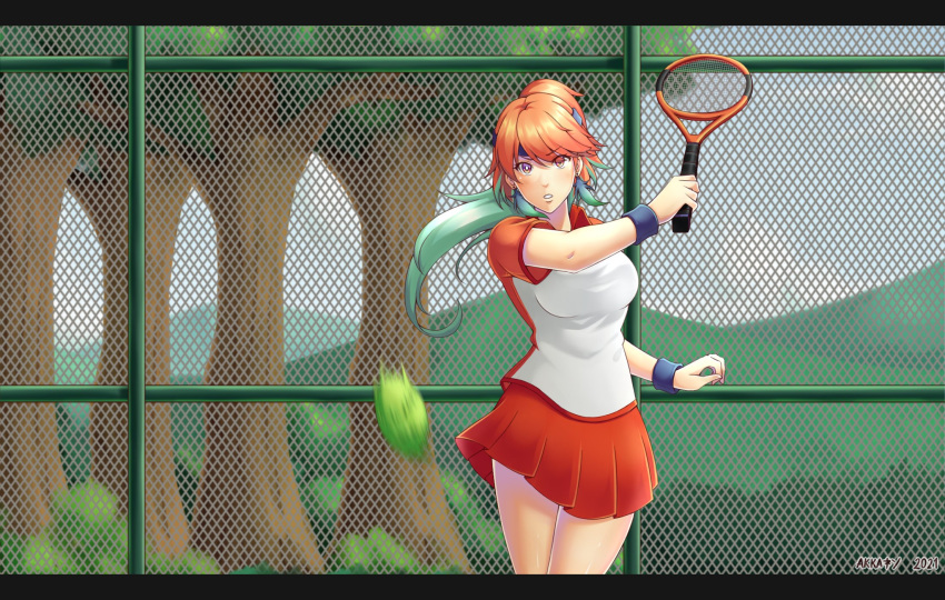akkanen, alternate_costume, alternate_hairstyle, ball, chain-link_fence, earrings, eyebrows_visible_through_hair, feather_earrings, feathers, fence, gradient_hair, headband, highres, holding, holding_racket, hololive, hololive_english, jewelry, mori_calliope, multicolored_hair, orange_hair, ponytail, racket, sport, sportswear, takanashi_kiara, tennis, tennis_ball, tennis_court, tennis_racket, tennis_uniform, two-tone_shirt, violet_eyes, virtual_youtuber
