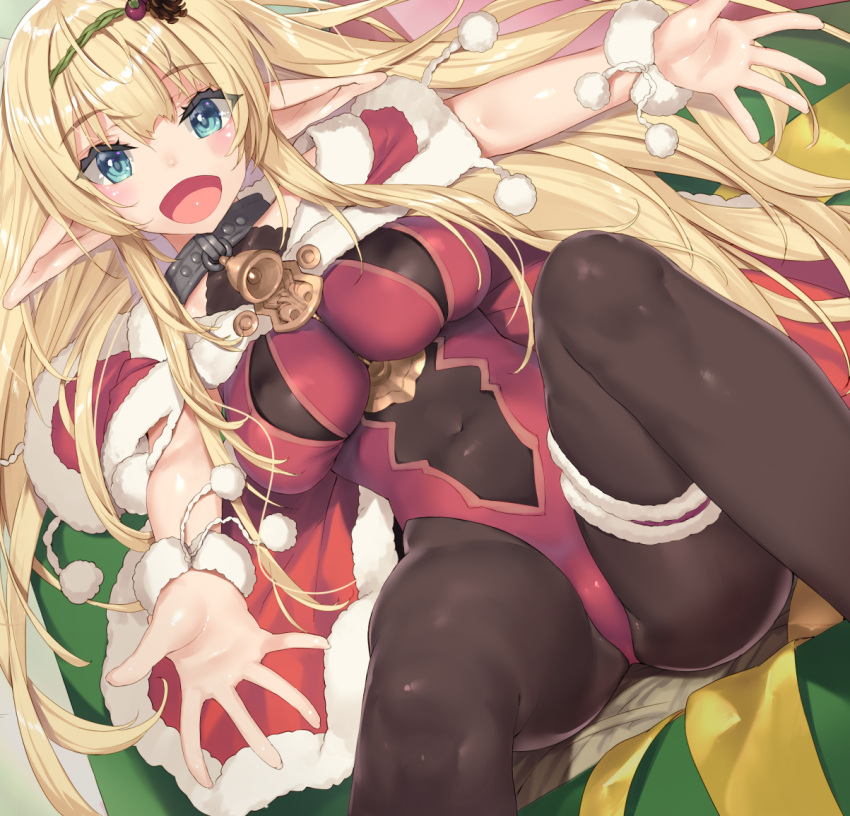 1girl, bell, black_legwear, blonde_hair, blue_eyes, bodysuit, elf, isekai_maou_to_shoukan_shoujo_no_dorei_majutsu