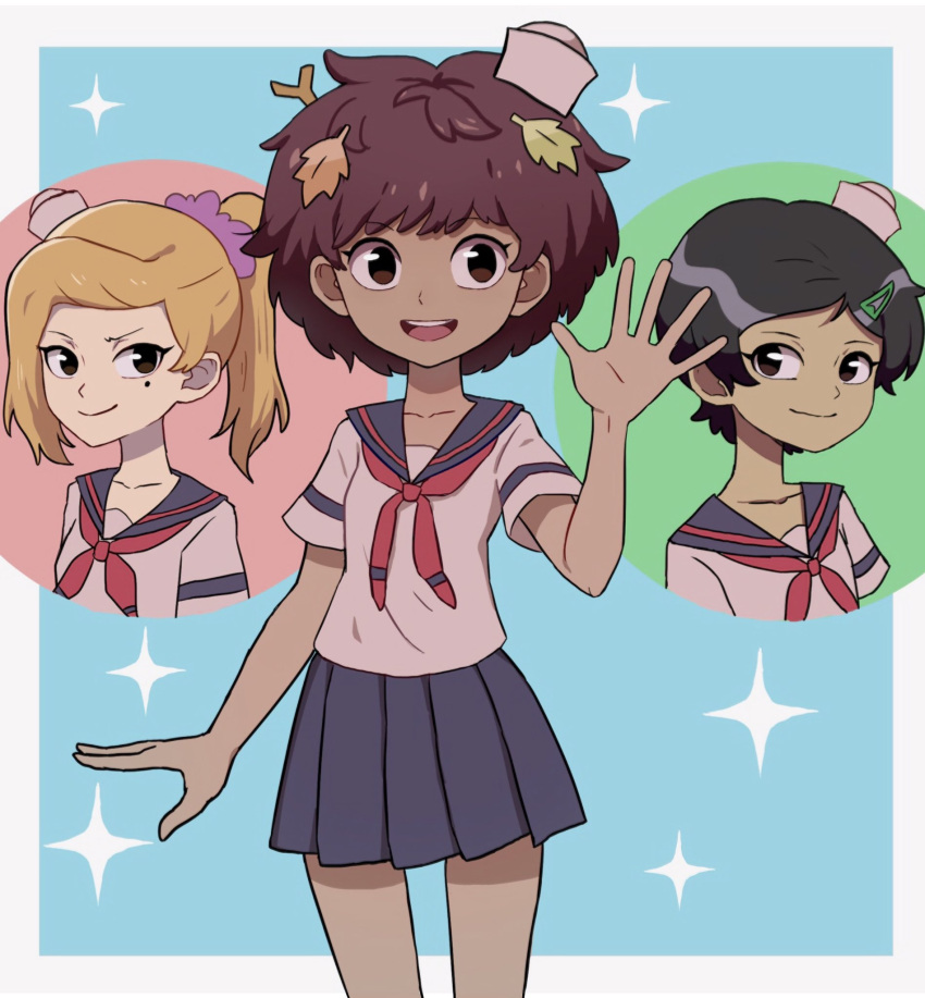 3girls, alternate_costume, amphibia, anne_boonchuy, black_hair, blonde_hair, blue_sailor_collar, blue_skirt, brown_hair, cowboy_shot, dixie_cup_hat, hair_ornament, hairclip, hat, highres, hikiomor, leaf, looking_at_viewer, marcy_wu, medium_hair, military_hat, mole, mole_under_eye, multiple_girls, neckerchief, pleated_skirt, ponytail, red_neckwear, sailor_collar, sasha_waybright, school_uniform, scrunchie, serafuku, short_hair, simple_background, skirt, smile, twig, waving