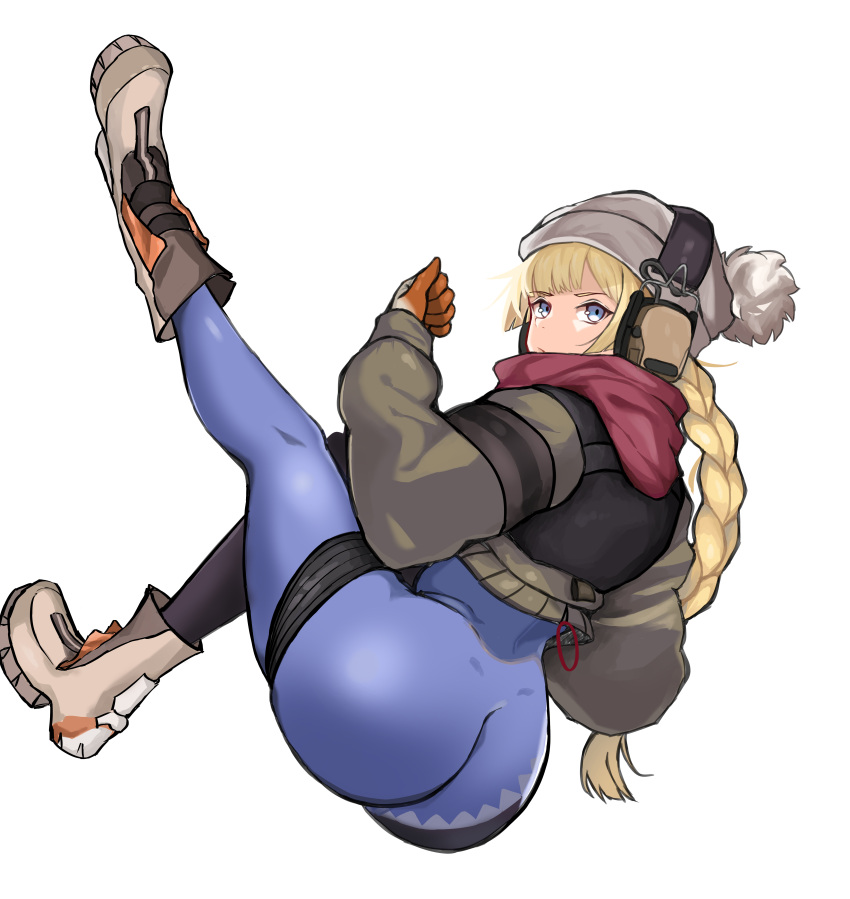 1girl, absurdres, ass, back, blonde_hair, blue_eyes, boots, braid