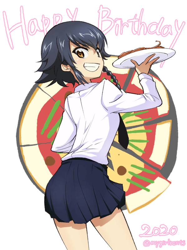 1girl, 2020, aki_(makinoakira), anzio_(emblem), anzio_school_uniform, bangs, birthday, black_hair, black_skirt, braid, brown_eyes, dress_shirt, emblem, english_text, food, from_behind, girls_und_panzer, grin, happy_birthday, holding, holding_plate, long_sleeves, looking_at_viewer, looking_back, miniskirt, pasta, pepperoni_(girls_und_panzer), plate, pleated_skirt, school_uniform, shirt, short_hair, side_braid, skirt, smile, solo, standing, twitter_username, white_background, white_shirt