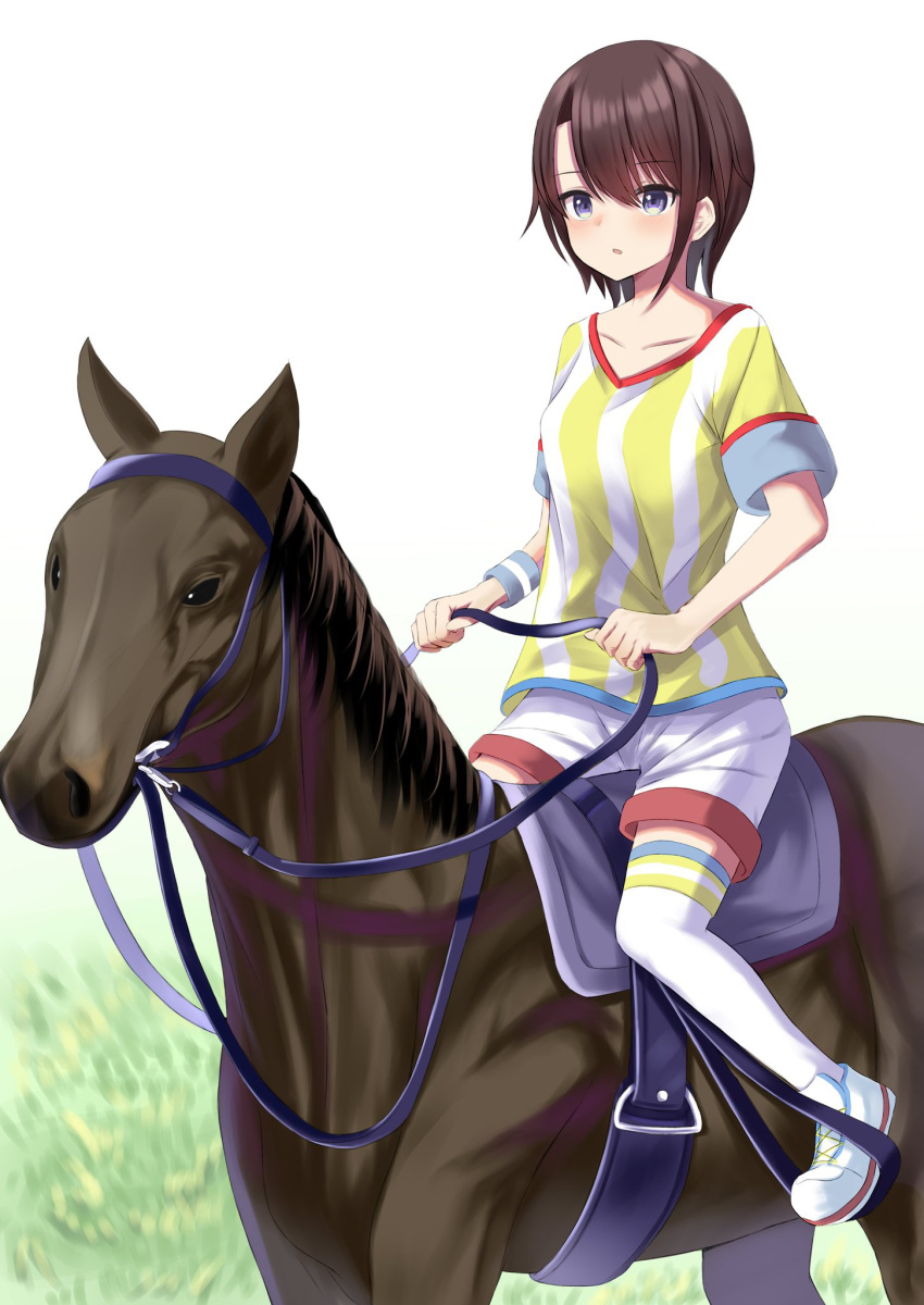 1girl, bangs, baseball_jersey, blush, bridle, brown_hair, full_body, highres