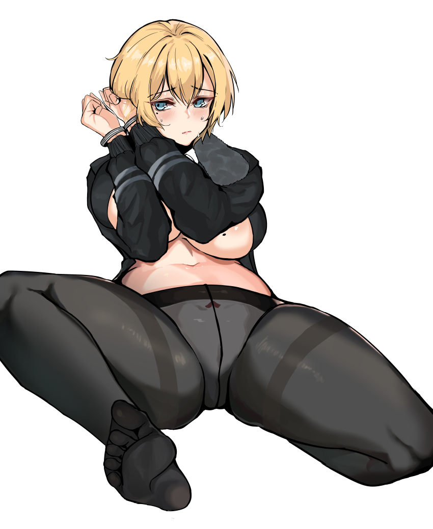 1girl, absurdres, black_legwear, black_shirt, blonde_hair, blue_eyes, blush, bound, bound_wrists, breasts, closed_mouth, clothes_pull, cuffs, eyebrows_visible_through_hair, girls_frontline, handcuffs, highres, large_breasts, looking_at_viewer, loveu, mole, mole_on_breast, navel, no_shoes, panties, panties_under_pantyhose, pantyhose, shirt, shirt_pull, short_hair, sitting, soles, solo, spread_legs, sweat, sweatdrop, thighs, underwear, vsk-94_(girls_frontline), white_background, white_panties