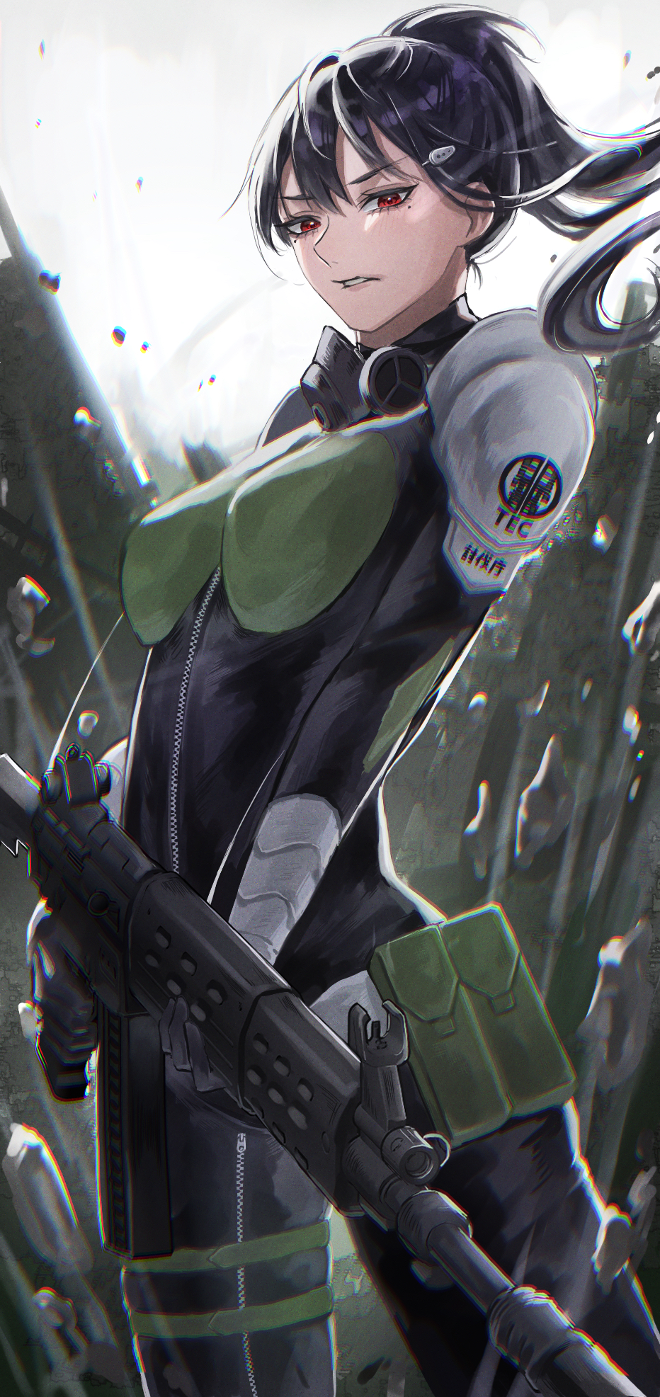1girl, ammunition_pouch, armor, ashiro_mina, belt, belt_pouch, black_bodysuit, black_hair