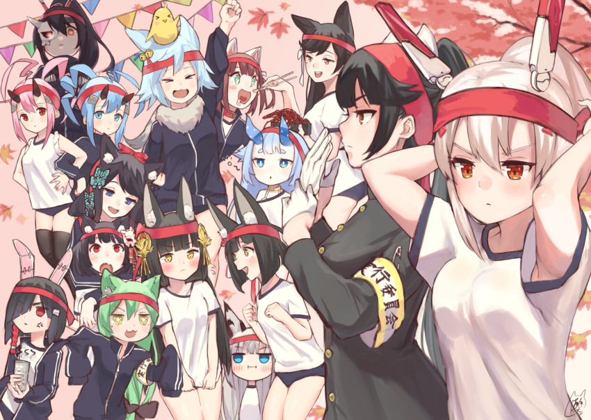 >o<, +_+, 6+girls, akashi_(azur_lane), akatsuki_(azur_lane), alternate_costume, animal_ear_fluff, animal_ears